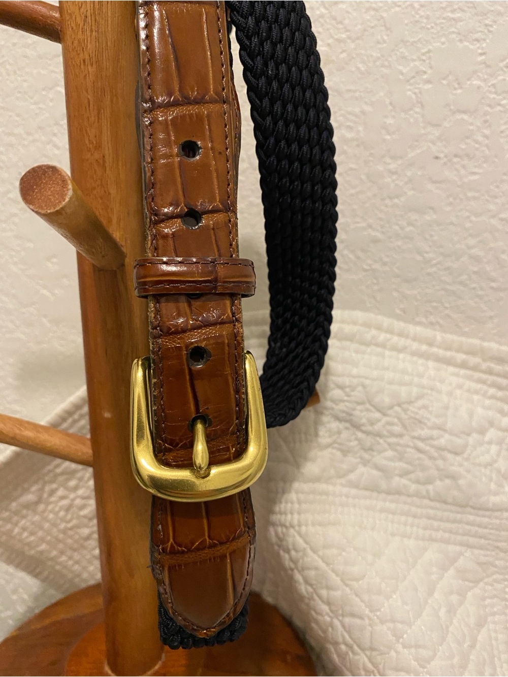 BRIGHTON Men's “Stretch Braided Leather Belt” Size 38 Brwn/Navy Gold Buckle EUC